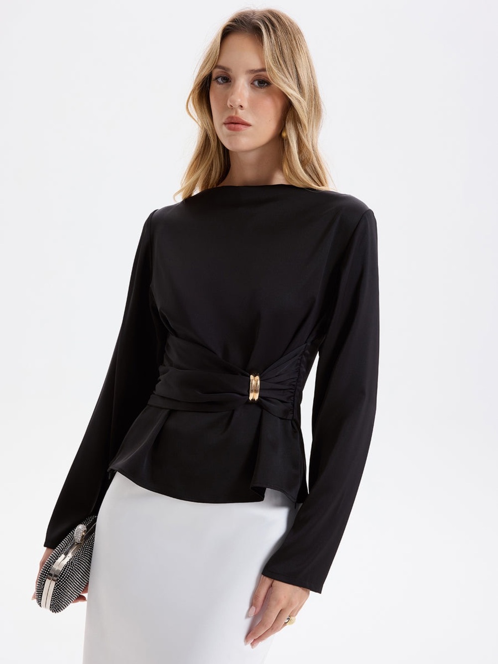 Commense Metal Detail Ruched Waist Satin Blouse
